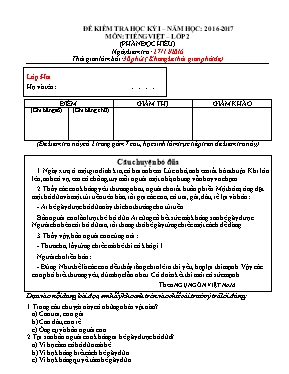 Đề kiểm tra học kì I môn Tiếng việt lớp 2 (Có đáp án) - Năm học 2016-2017